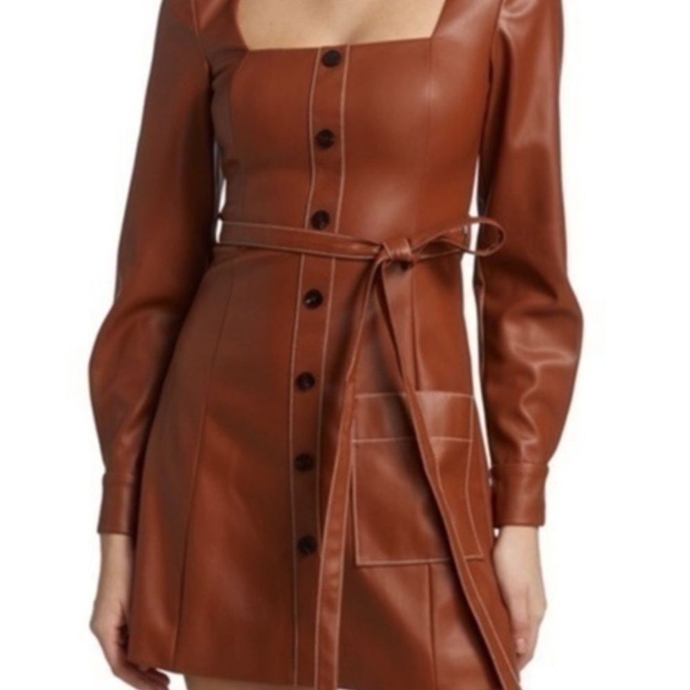 NWT STAUD Oz Whiskey Brown Faux Leather Belted Mini Dress 70s Mod
